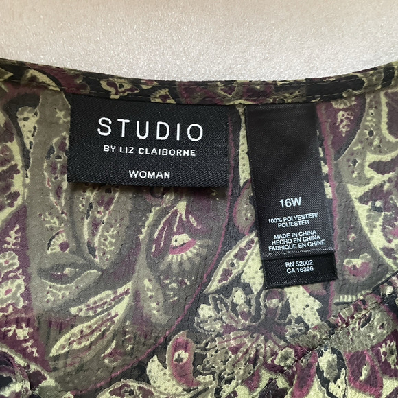 Vintage Y2K Liz Claiborne Studio Shirt Women 16W Black Green Sheer Ruffle Fairy - Picture 5 of 13